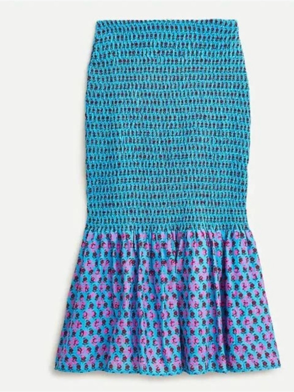 J. Crew Blue Smocked Trumpet Skirt with Pink Floral Ruffle